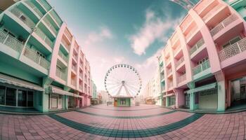 de modern amusement park rijden spins in de helder nacht gegenereerd door ai foto