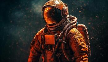 futuristische mannen in gewapend krachten gebruik technologie voor ruimte oorlog film gegenereerd door ai foto