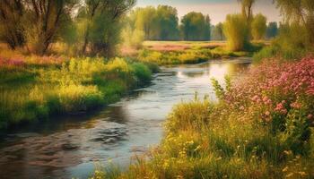 rustig zonsondergang over- onbeschaafd rivierbed, presentatie van schoonheid in natuur gegenereerd door ai foto