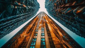 futuristische wolkenkrabber weerspiegelt modern stad leven in staal en glas gegenereerd door ai foto
