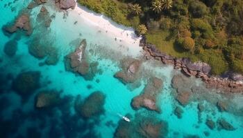 turkoois wateren reflecteren idyllisch zomer kustlijn van hoog hoek dar gegenereerd door ai foto