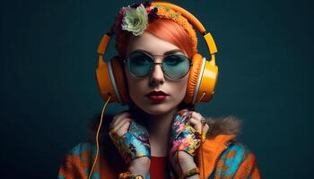 een modieus jong vrouw in zonnebril geniet luisteren naar muziek- gegenereerd door ai foto