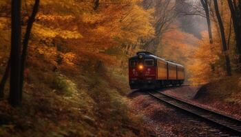 de oud stoom- locomotief snelheden door de herfst Woud gegenereerd door ai foto