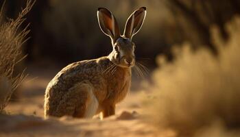 een schattig haas zittend in de gras, alarm en gefocust gegenereerd door ai foto