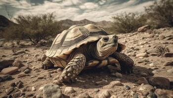 langzaam en stabiel, de oud schildpad kruipt Aan droog land- gegenereerd door ai foto
