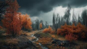 de spookachtig Woud in herfst, een mysterie in natuur schoonheid gegenereerd door ai foto