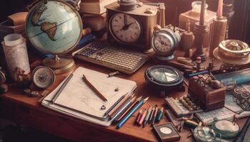 oud fashioned klok Aan houten bureau, omringd door boeken en uitrusting gegenereerd door ai foto