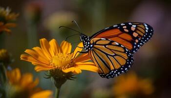 de monarch vlinder levendig Vleugels bestuiven een single geel madeliefje gegenereerd door ai foto