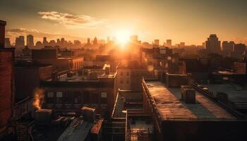 silhouet van modern wolkenkrabbers verlichten stad horizon Bij schemer gegenereerd door ai foto