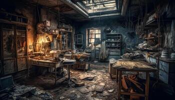 oud fashioned timmerman reparaties gebroken schoen met roestig metaalwerk binnen werkplaats gegenereerd door ai foto