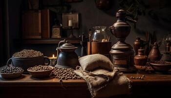 rustiek koffie Slijper Aan oud tafel maalt vers bonen dagelijks gegenereerd door ai foto