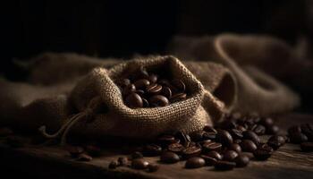 donker jute zak houdt vers koffie bonen voor fijnproever drinken gegenereerd door ai foto