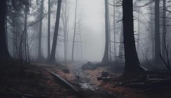 spookachtig mist dekens de donker Woud, een mysterie in natuur gegenereerd door ai foto