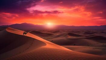 een eenzaam Mens wandelingen de majestueus zand duinen Bij dageraad gegenereerd door ai foto