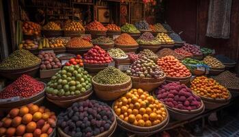 vers fruit en groenten in een kleurrijk markt mand voor uitverkoop gegenereerd door ai foto