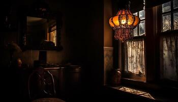 de oud fashioned lantaarn verlichte de oud, rustiek huis interieur gegenereerd door ai foto