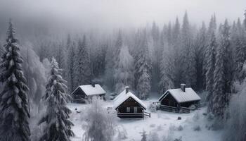 rustig sneeuw gedekt berg landschap, knus huisje, perfect winter vakantie bestemming gegenereerd door ai foto