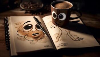 een glimlachen gezicht leest literatuur Aan een houten tafel met cappuccino gegenereerd door ai foto