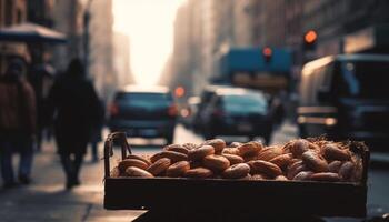 in de druk stad straat, auto's vervagen door in verkeer gegenereerd door ai foto