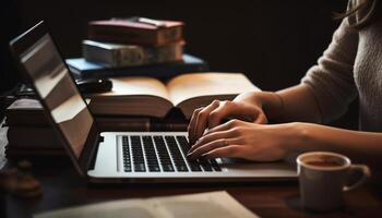 een vrouw aan het studeren literatuur binnenshuis, typen Aan laptop, drinken koffie gegenereerd door ai foto