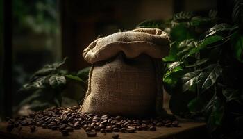biologisch jute zak van volkoren koffie bonen, rustiek nog steeds leven gegenereerd door ai foto