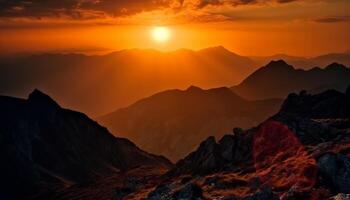 majestueus berg reeks aftekenen tegen rustig zonsondergang, een adembenemend landschap gegenereerd door ai foto