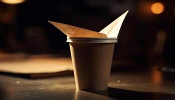 een single object, een koffie beker, Aan een houten tafel gegenereerd door ai foto