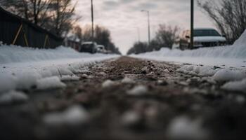 glad weg, gevaarlijk het rijden in winter sneeuwstorm Aan stad straat gegenereerd door ai foto