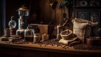 oud fashioned koffie Slijper maalt vers bonen voor rustiek koffie winkel gegenereerd door ai foto