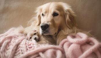 een pluizig, schattig gouden retriever puppy slapen comfortabel binnenshuis gegenereerd door ai foto