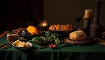 een rustiek nog steeds leven van herfst viering pompoen, kaars, maaltijd gegenereerd door ai foto