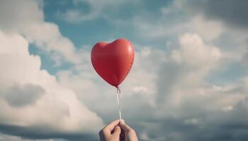 een hand- Holding hart vormig ballon symboliseert liefde en vrijheid gegenereerd door ai foto