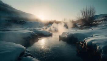 vers avontuur in natuur rustig tafereel, zonsopkomst over- berg reeks gegenereerd door ai foto