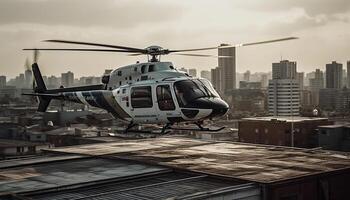 een hoog snelheid helikopter zweeft midden lucht over- de stedelijk wolkenkrabbers gegenereerd door ai foto