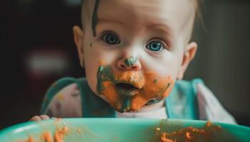 schattig Kaukasisch baby jongen aan het eten rommelig lunch buitenshuis, glimlachen blij gegenereerd door ai foto