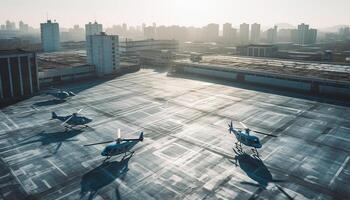 modern stad leven vervoer, industrie, en wolkenkrabbers domineren horizon gegenereerd door ai foto