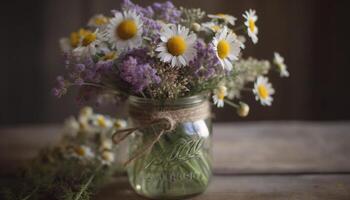 een rustiek boeket van wilde bloemen in een houten vaas perfect geschenk gegenereerd door ai foto