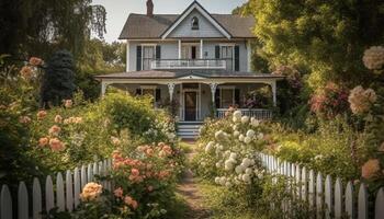 de rustiek huisje voorkant werf bloei met geel lente bloemen gegenereerd door ai foto