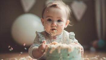 schattig baby meisje genieten van rommelig verjaardag taart, zuiver geluk en pret gegenereerd door ai foto