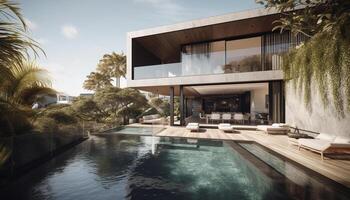modern architectuur voldoet aan tropisch natuur in luxueus oneindigheid zwembad reflectie gegenereerd door ai foto