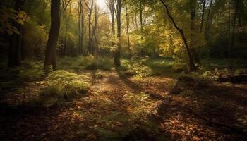 een rustig herfst voetpad, omringd door levendig wildernis kleuren gegenereerd door ai foto