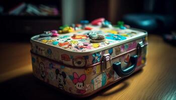 een kleurrijk koffer Aan een houten tafel, een reizen decoratie gegenereerd door ai foto