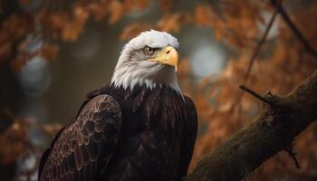 majestueus kaal adelaar neerstrijken Aan tak, symbool van Amerikaans patriottisme gegenereerd door ai foto