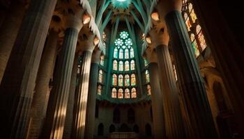 binnen de beroemd gotisch stijl basiliek, gebrandschilderd glas ramen verlichten geschiedenis gegenereerd door ai foto