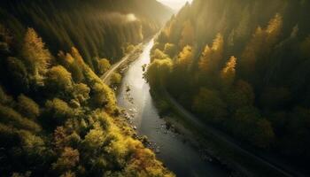 rustig herfst zonsopkomst over- kleurrijk berg reeks weerspiegelt in water gegenereerd door ai foto