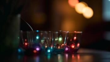 romantisch kaarslicht whisky viering Bij verlichte bar met gloeiend decoraties gegenereerd door ai foto