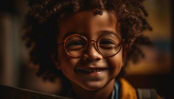 schattig, vrolijk kinderen genieten speels pret binnenshuis met toothy glimlacht gegenereerd door ai foto