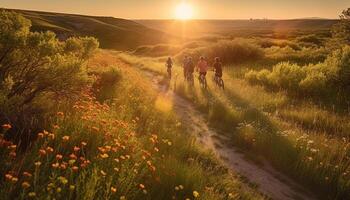 mannen en Dames hiking, wandelen, en verkennen natuur schoonheid samen gegenereerd door ai foto