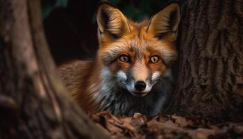 rood vos, een schattig zoogdier, op zoek Bij camera in wildernis gegenereerd door ai foto