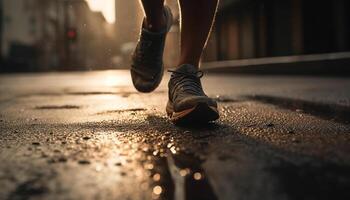 een atletisch Mens jogging buitenshuis in sport- kleding en schoenen gegenereerd door ai foto